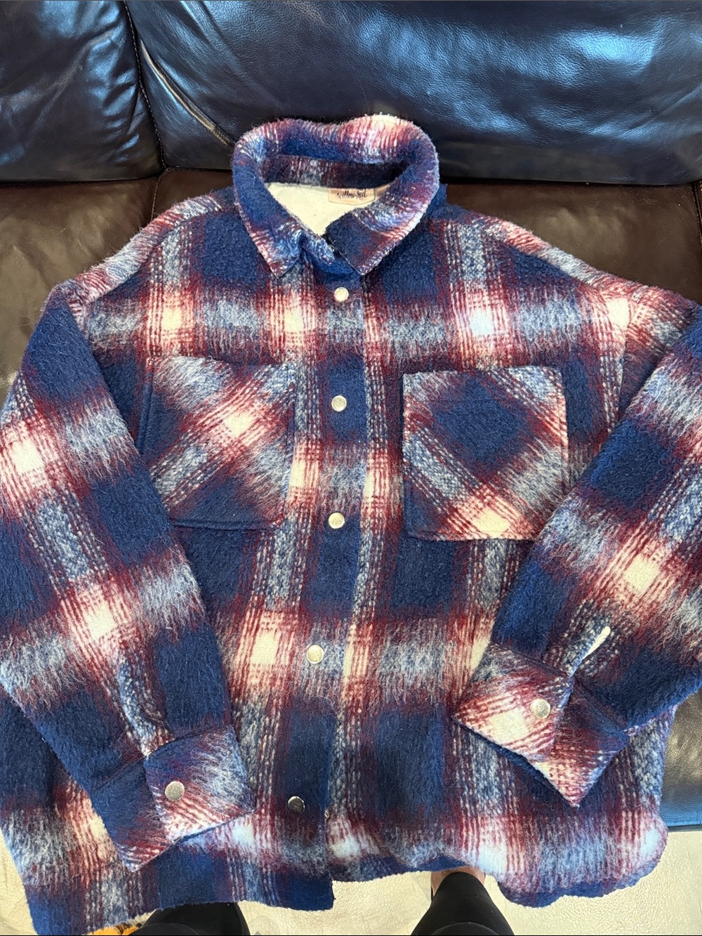 Plaid Shag Shirt Jacket in Navy and Burgundy
